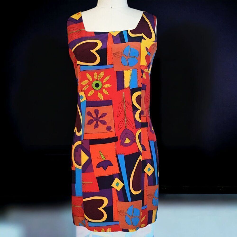 Marguerite Li colorful 100% silk Picasso-esque short sleeve dress